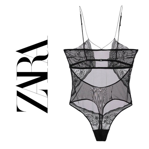 Zara Other - NWT $69 ZARA Bodysuit Large Black Long Sleeve Floral Lace VNeck Fairy Grunge Y2K